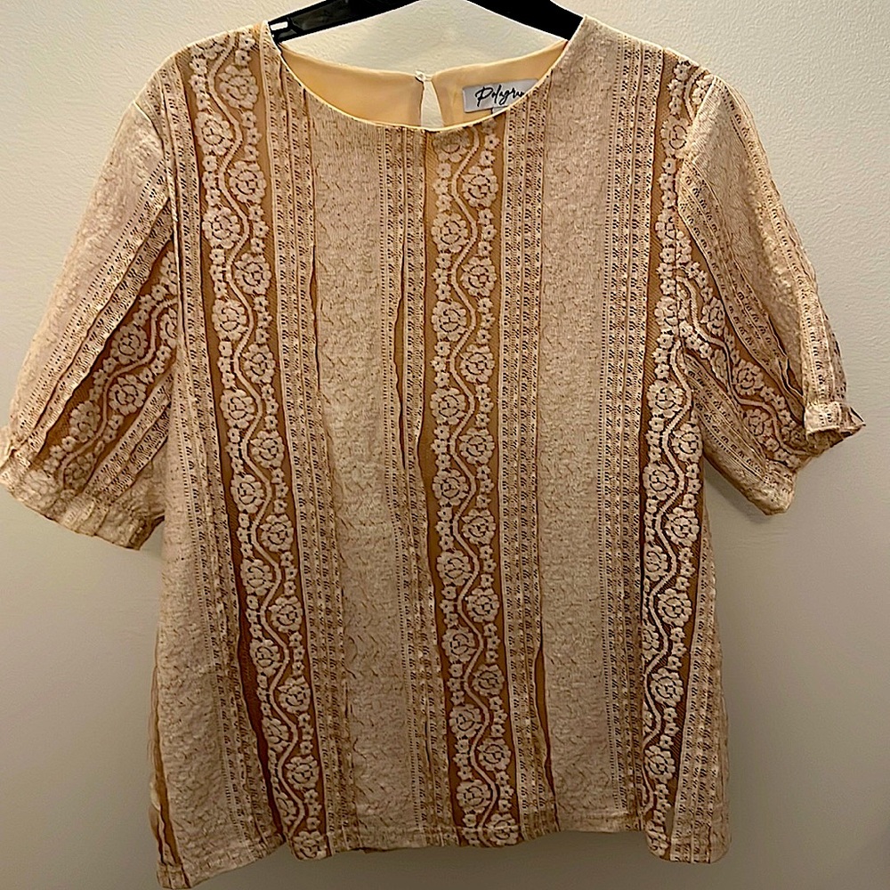 Beautiful boutique lace, cream and tan blouse.